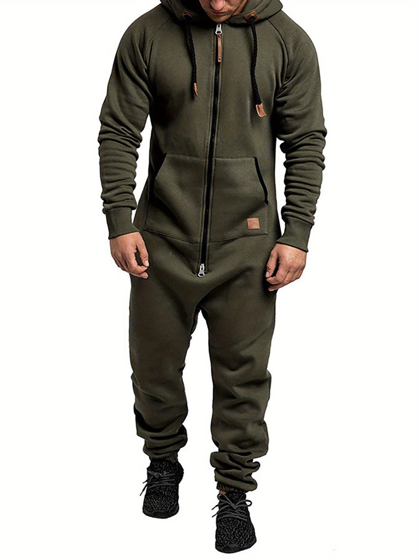 Men's Hooded Fleece Lining Jumpsuit, Long Sleeve Full Zipper Overalls with Kangaroo Pockets