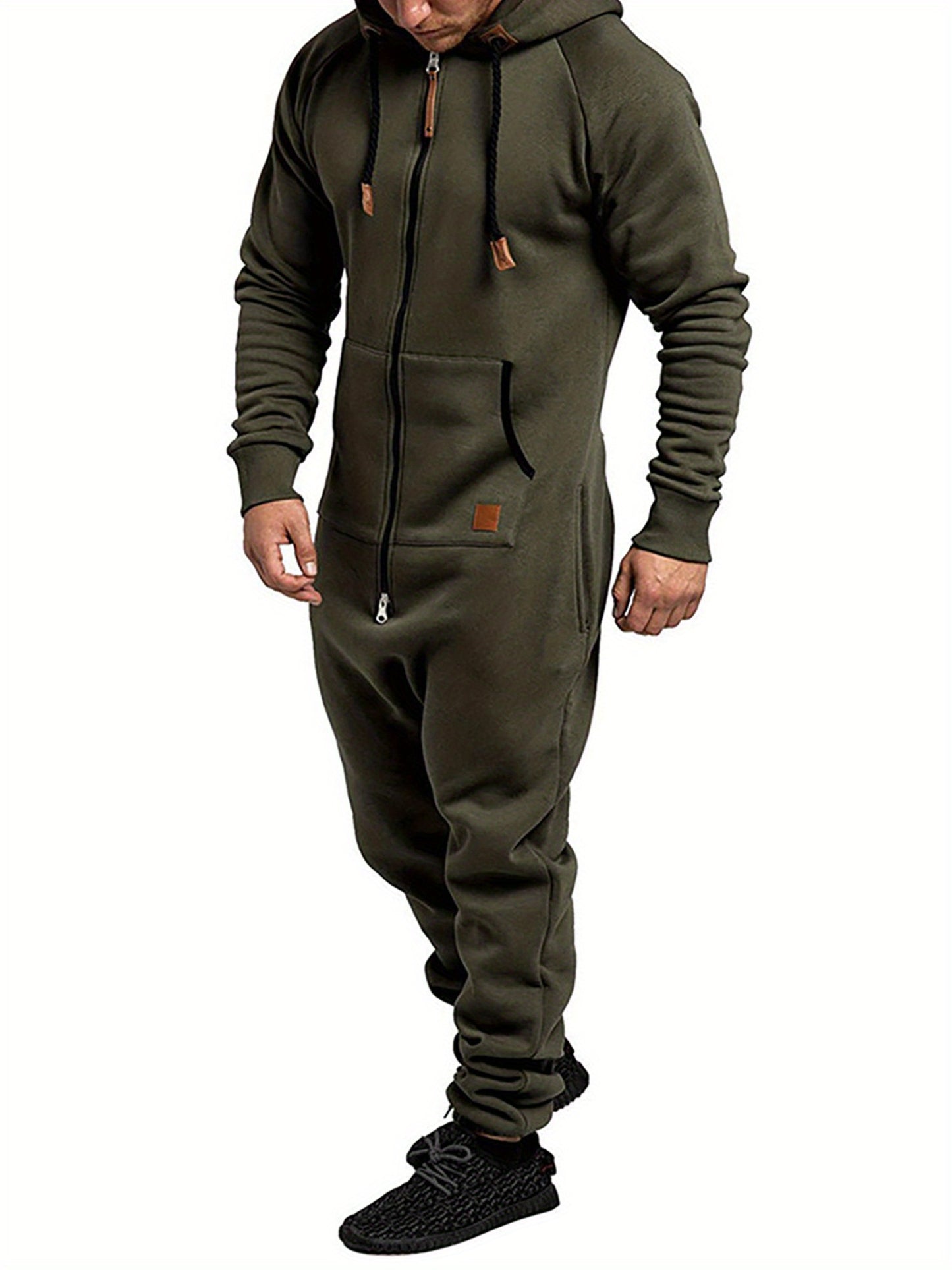 Men's Hooded Fleece Lining Jumpsuit, Long Sleeve Full Zipper Overalls with Kangaroo Pockets