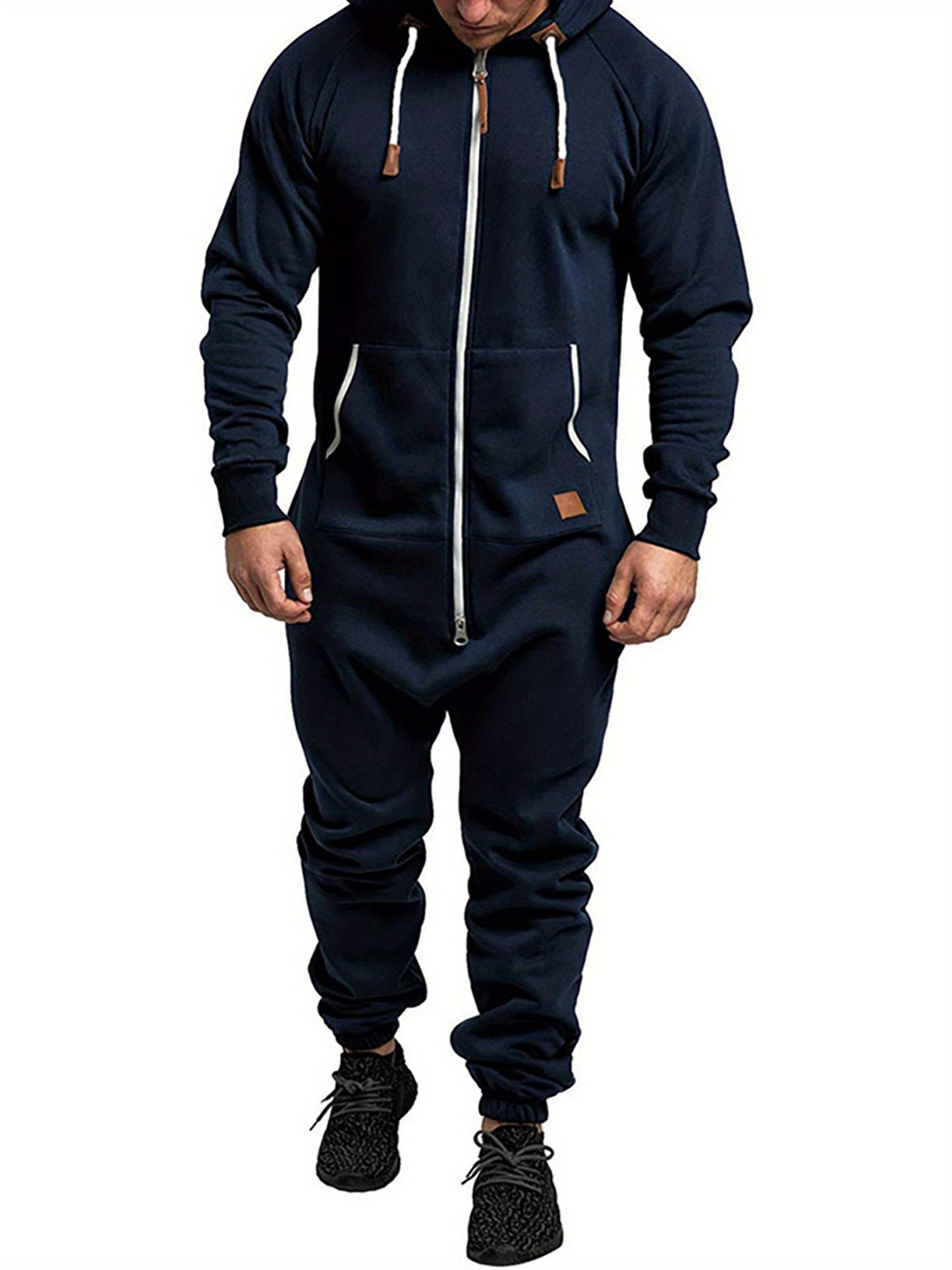 Men's Hooded Fleece Lining Jumpsuit, Long Sleeve Full Zipper Overalls with Kangaroo Pockets