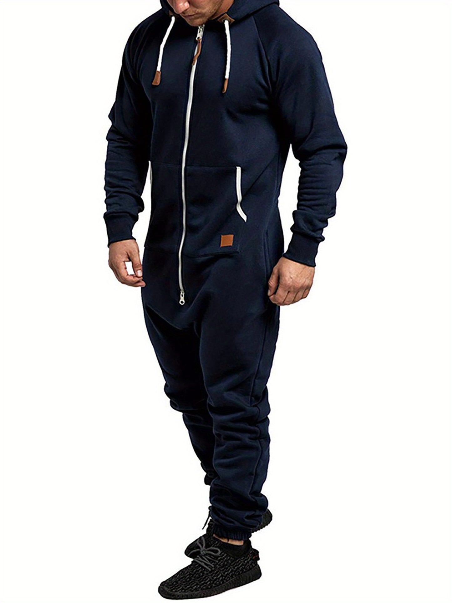 Men's Hooded Fleece Lining Jumpsuit, Long Sleeve Full Zipper Overalls with Kangaroo Pockets