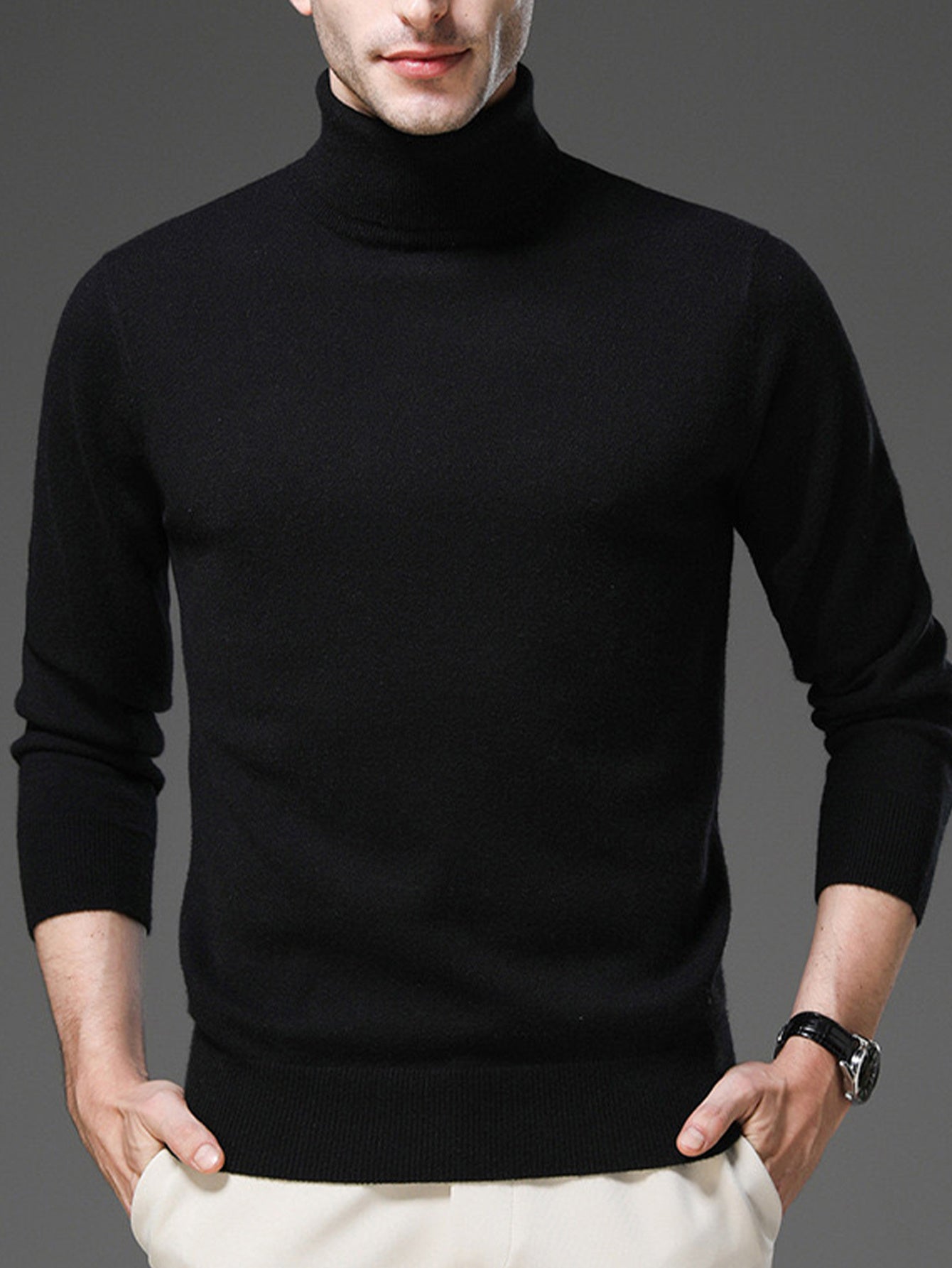 Cozy Fall Winter Essential: Men's Solid Knitted Long Sleeve Turtle Neck Casual Pullover Sweater