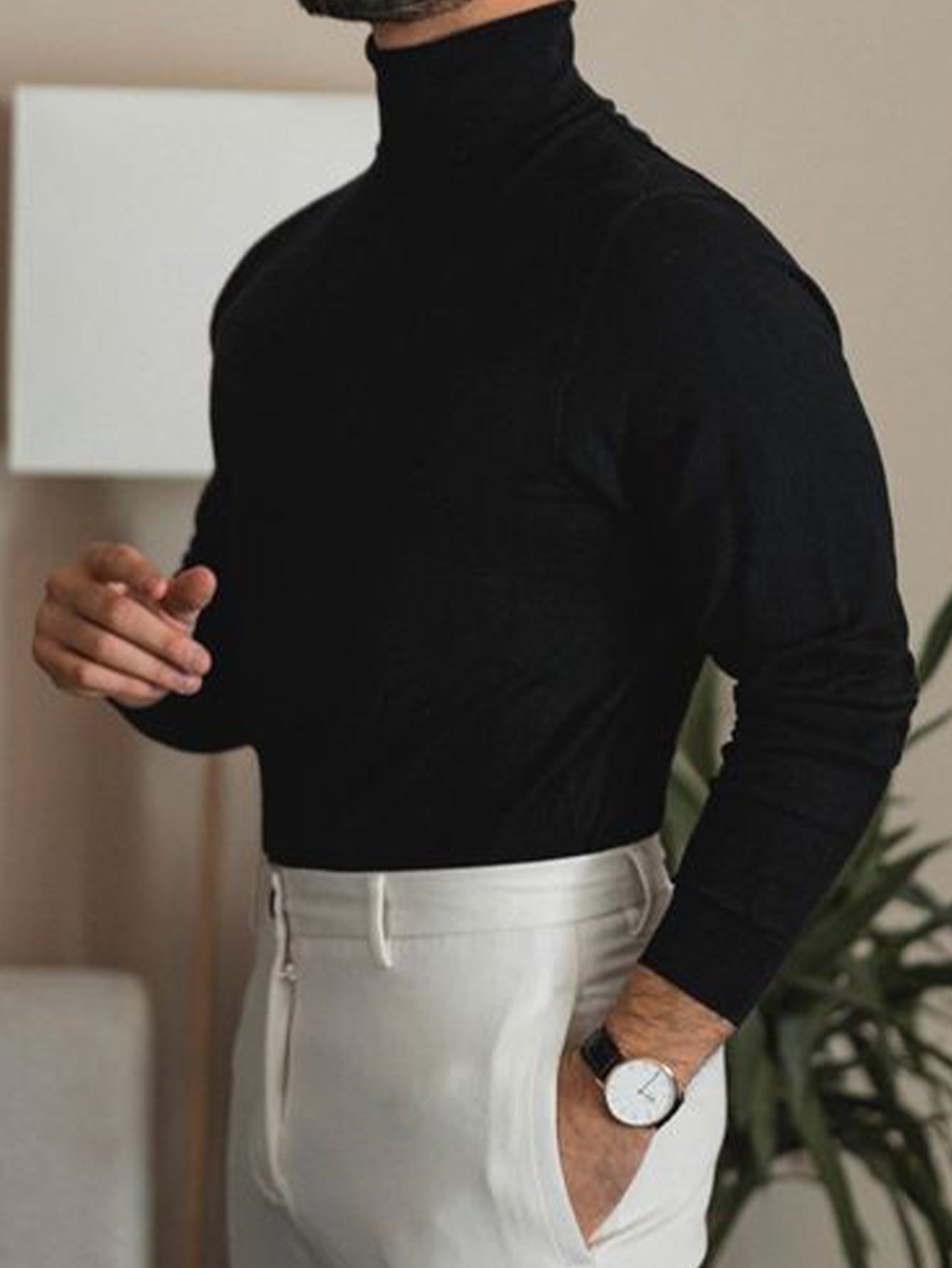 Men's Casual Turtleneck Sweater - Solid Color, Long Sleeve Knit Pullover for Fall/Winter