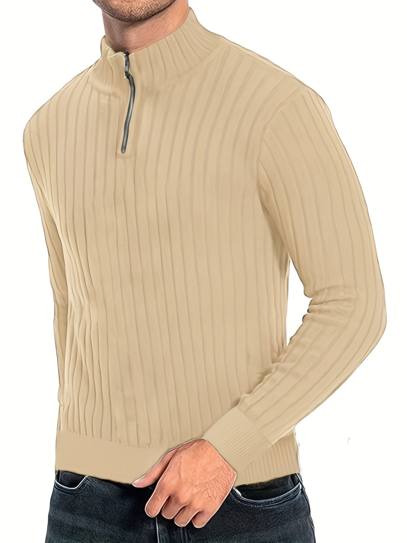 Men's Stand Collar Solid Knit Sweater, Men's Casual Lapel Slightly Stretch V-Neck Pullover Sweater For Men Winter Fall