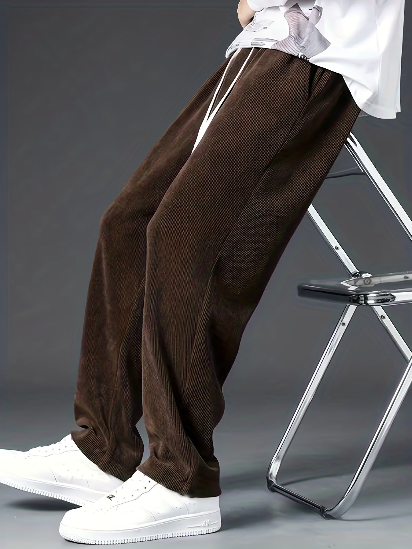 Men's Casual Corduroy Loose Fit Pants, Chic Straight Leg Draped Trousers