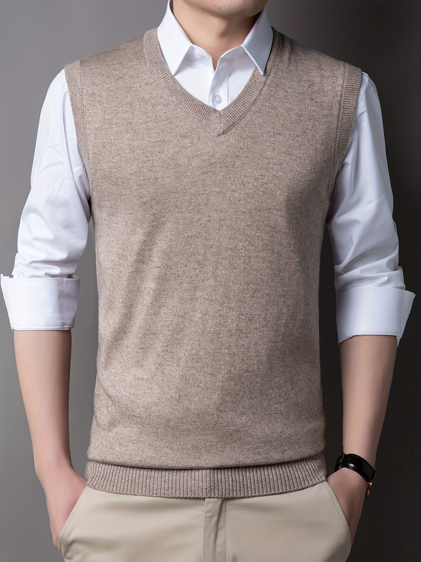 Casual Knitted Pullover, V-neck Sleeveless Thermal Jacket, Wool Vest, Men's Tank Top For Autumn And Winter