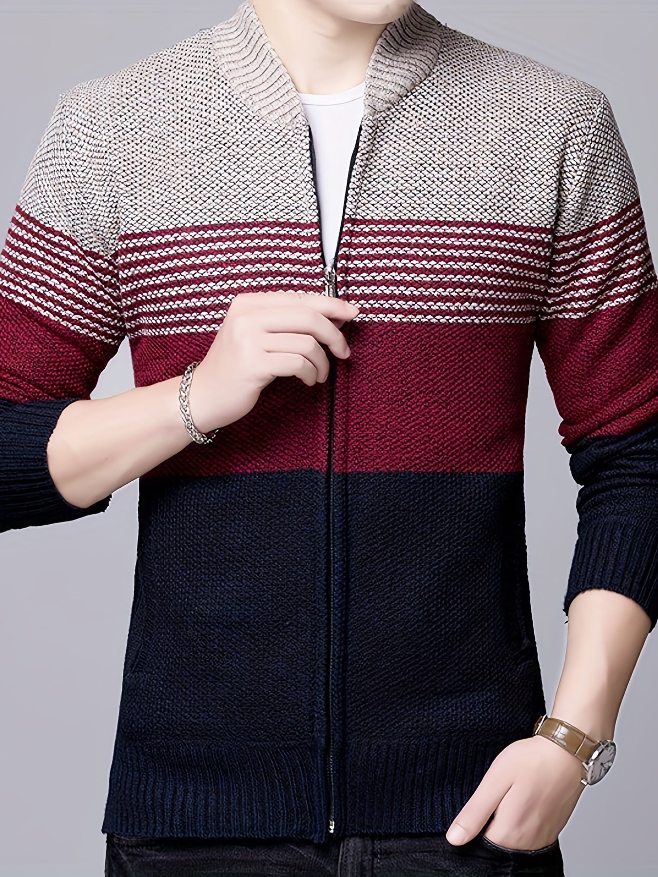 Color Block Warm Zip Up Jacket Sweater, Men's Casual Stand Collar Mid Stretch Cardigan For Fall Winter