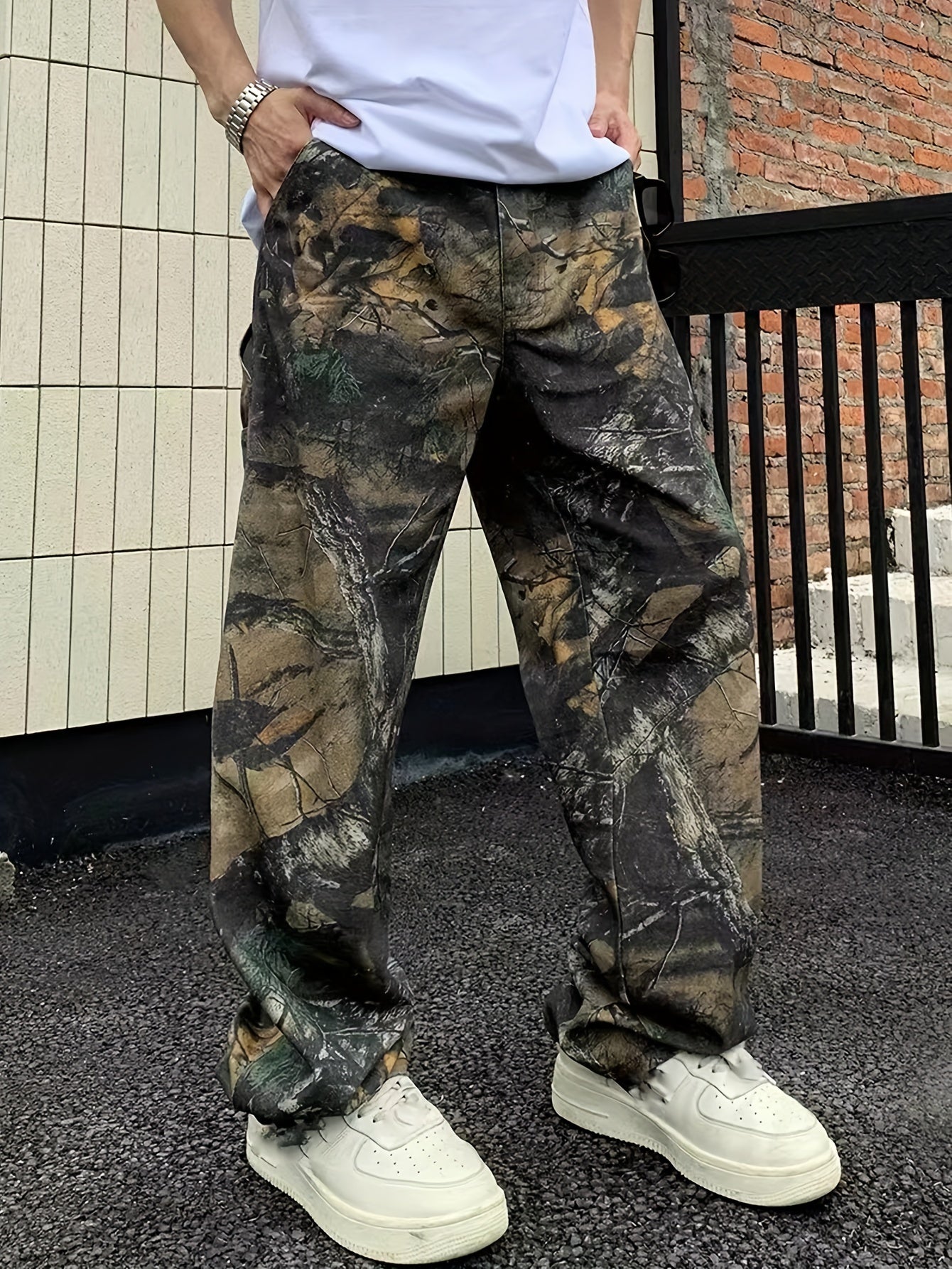 Men's Camouflage Print Straight Leg Jeans, Men's Street Style Comfy Denim Pants, The Print Not Fixed