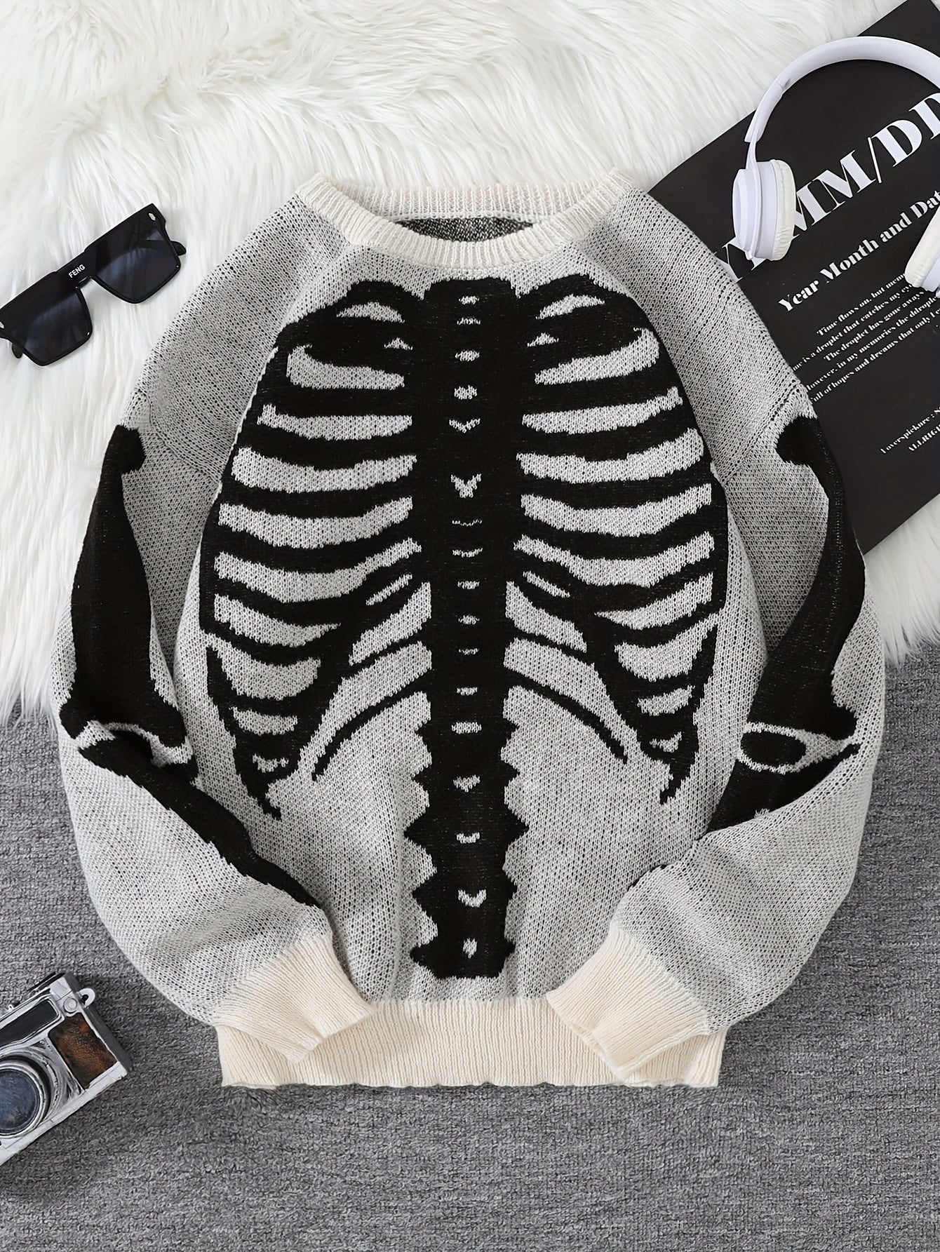 Stylish Skeleton Knit Sweater - Soft, Breathable, Round Neck, Long Sleeve Pullover with Unique Jacquard Design for Men - Perfect for Fall and Winter Seasons