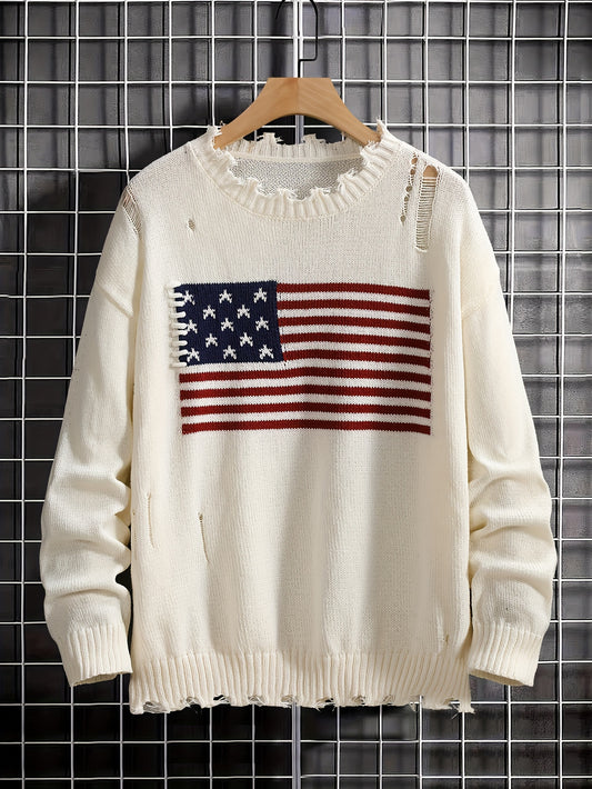 Men's Fashionable Ripped Flag Pattern Knit Sweater - Soft, Warm, Versatile, and Trendy Long Sleeve Knitted Pullover for Autumn and Winter, Perfect as a Gift or for Casual Daily Wear