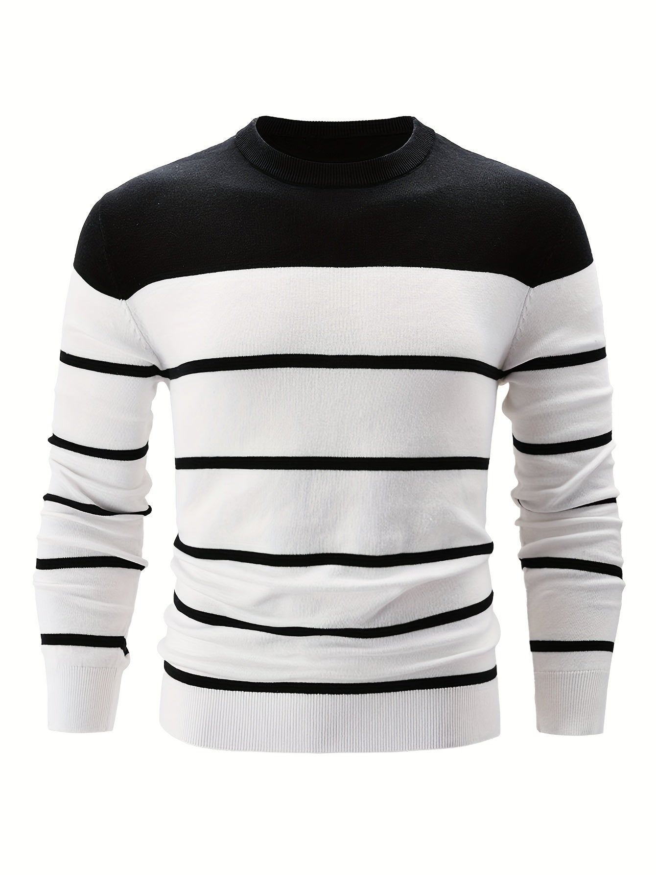 100% Cotton Men's Long Sleeve Casual Striped Crew Neck Sweater - Regular Fit Pullover with Medium Stretch