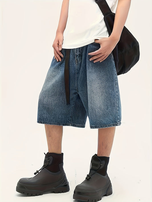 Men's Casual Loose Fit Wide Leg Denim Shorts, Knee-Length Jorts With Belt Design, Summer Street Style Fashion