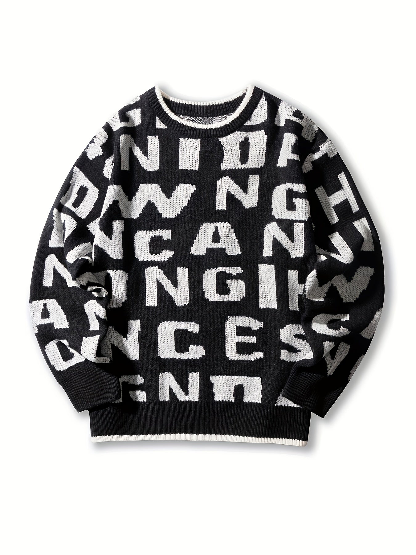 All Match Knitted Letter Print Sweater, Men's Casual Warm Slightly Stretch Crew Neck Pullover Sweater For Fall Winter