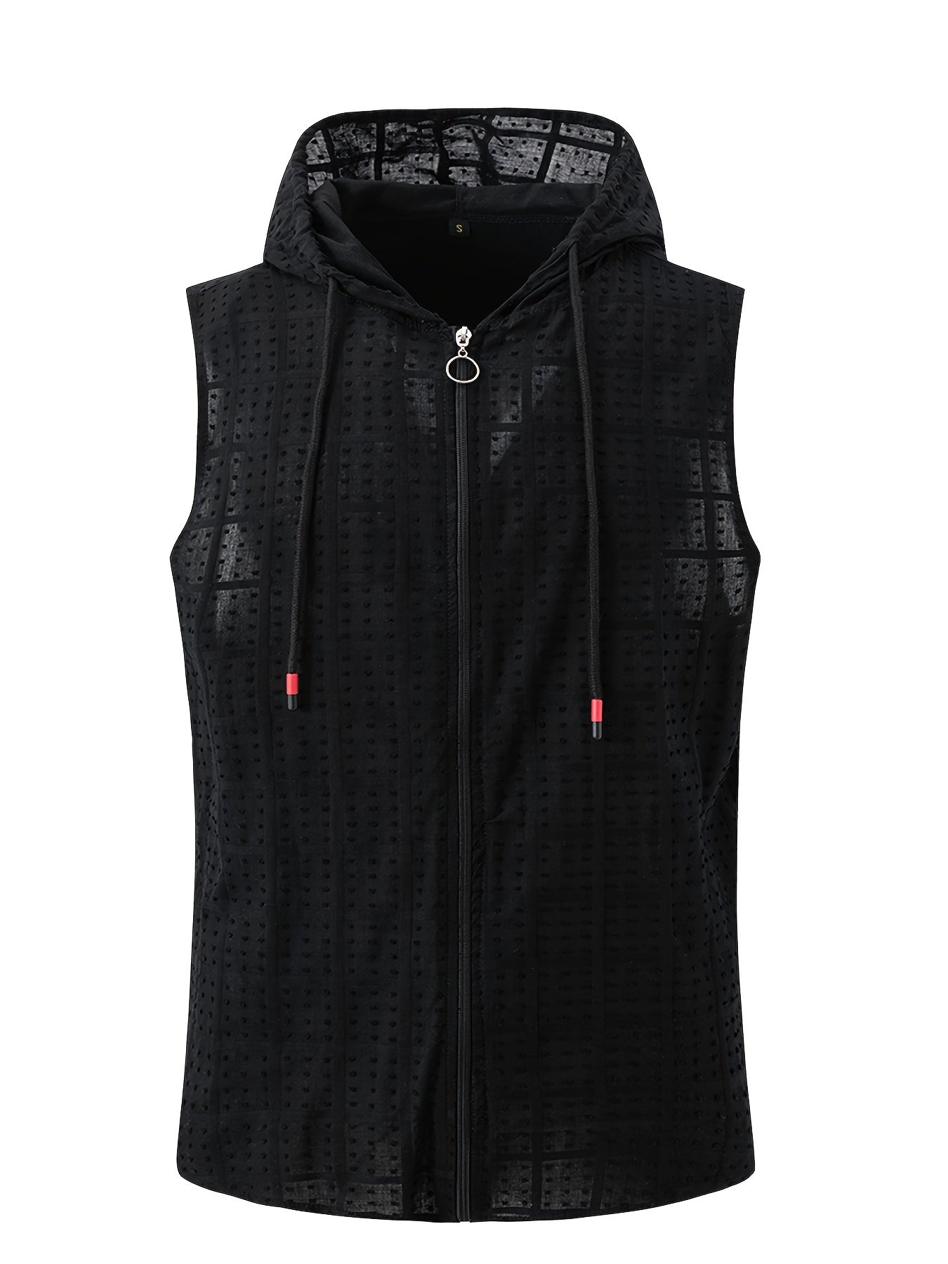 Mens Chic Sleeveless Hooded Coat Shirt - Fashion Plaid & Dot Mix, Zippered, Semi-Sheer - Perfect Summer Casual Wear