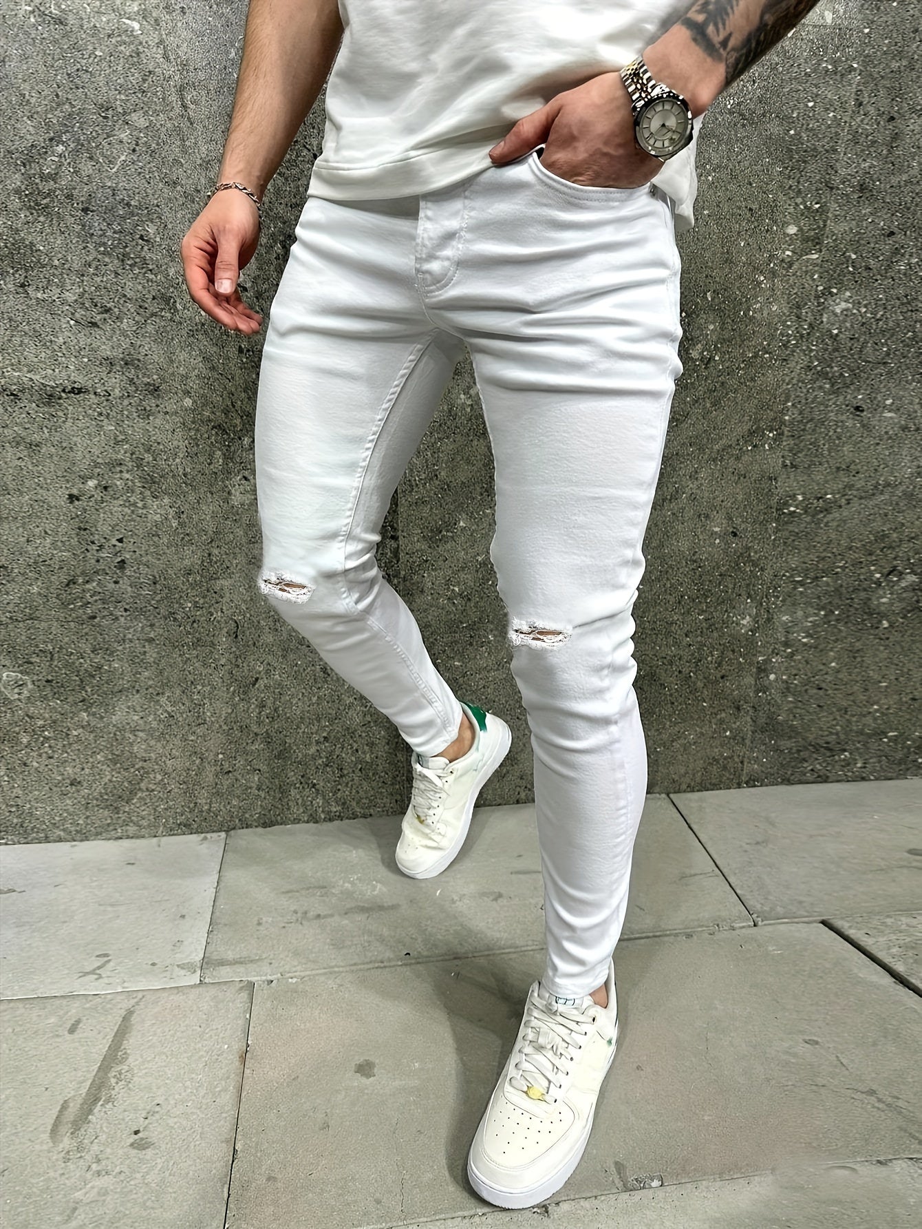 Skinny Fit Men's Casual Ripped Denim Pants, Versatile Street Style For All Seasons