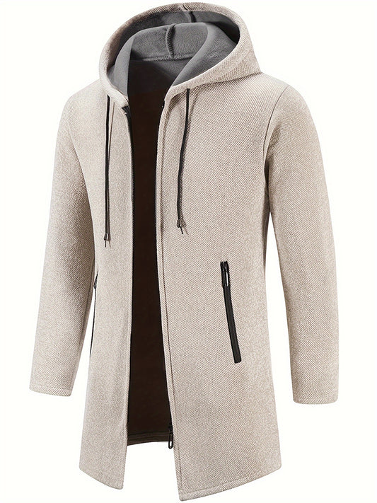 Warm Mid-length Hooded Coat, Men's Comfortable Solid Color Zip Up Knitted Cardigan For Spring Fall