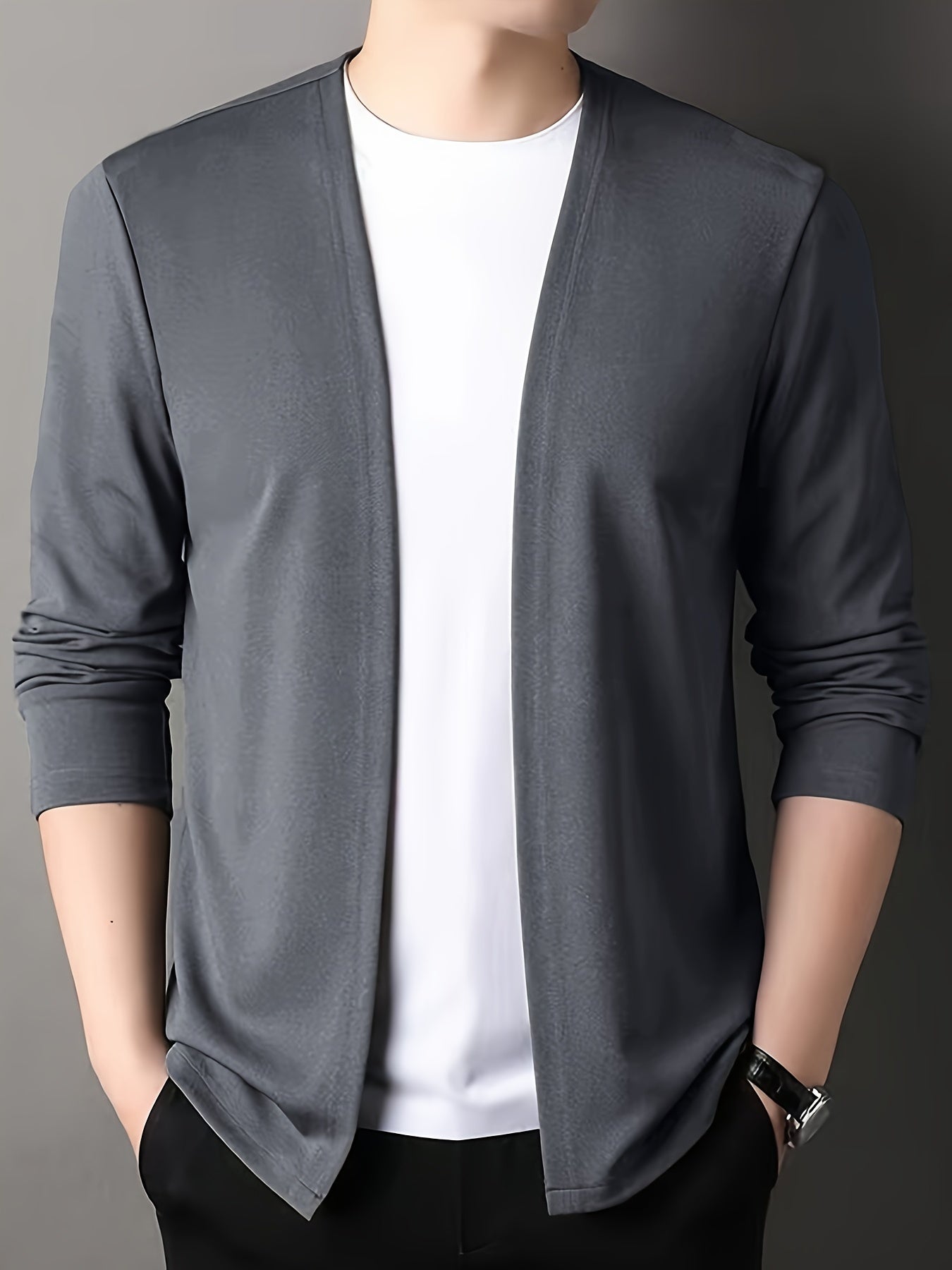 Men's Solid Knitted Cardigan, Casual Breathable Long Sleeve Slim-fit Open Front Sweater For Outdoor Activities