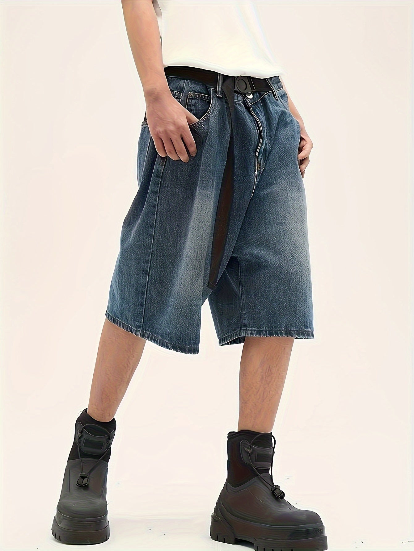 Men's Casual Loose Fit Wide Leg Denim Shorts, Knee-Length Jorts With Belt Design, Summer Street Style Fashion