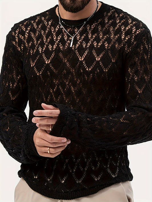 Trendy Knit Sweater Sheer Mesh Hollow Design Casual Round Neck Pullover Sweater Sexy Clubwear For Men