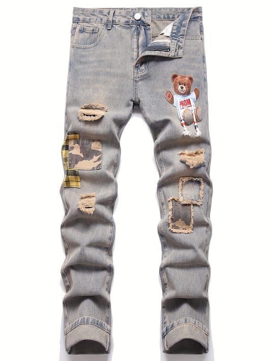 Men's Casual Retro Jeans, Embroidered Patchwork Chic Street Style Denim Pants