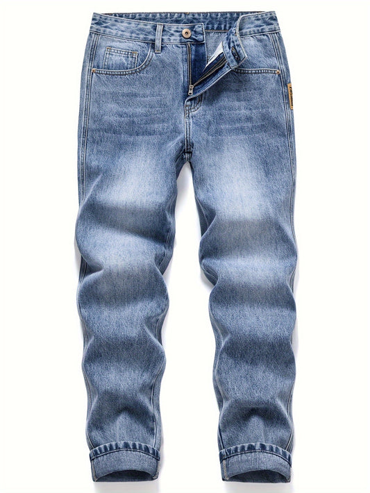 Men's Loose Solid Washed Denim Pants With Pockets, Casual Cotton Blend Barrel Jeans For Outdoor Activities Gift