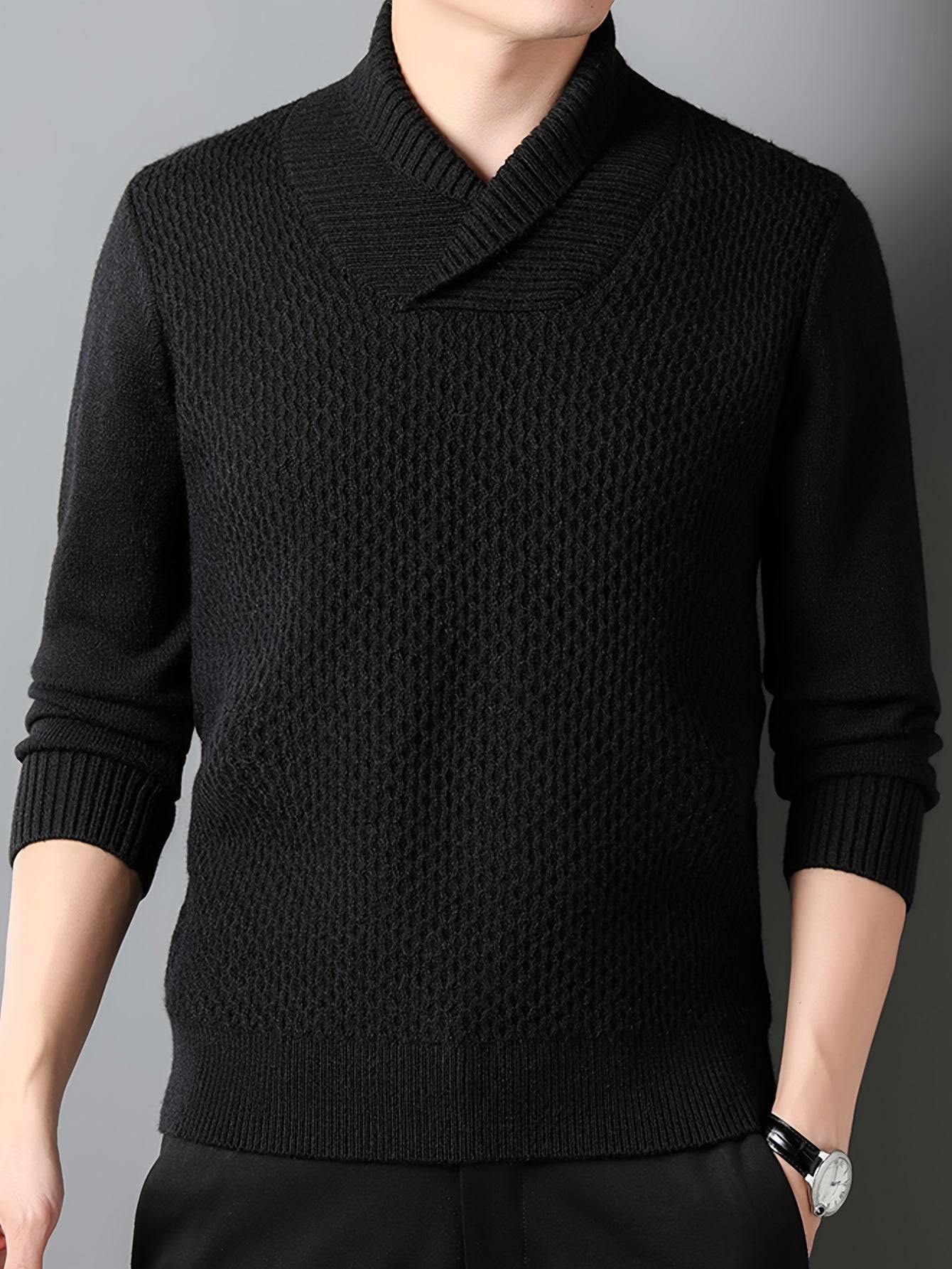 Men's Solid Knitted Pullover, Casual Long Sleeve Lapel Sweater For Fall Winter