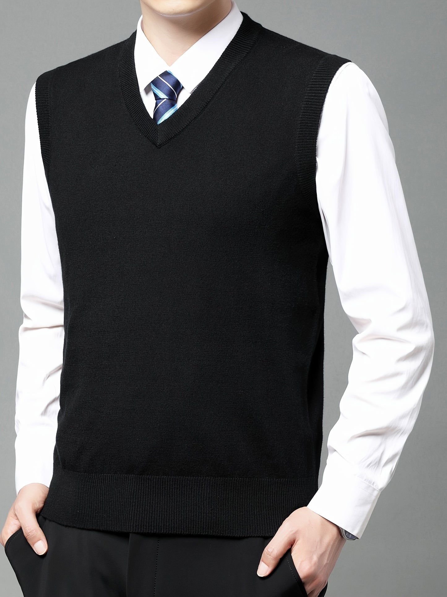 Elegant Slightly Stretch Vest, Men's Casual Vintage Style V Neck Sweater Vest For Fall Winter