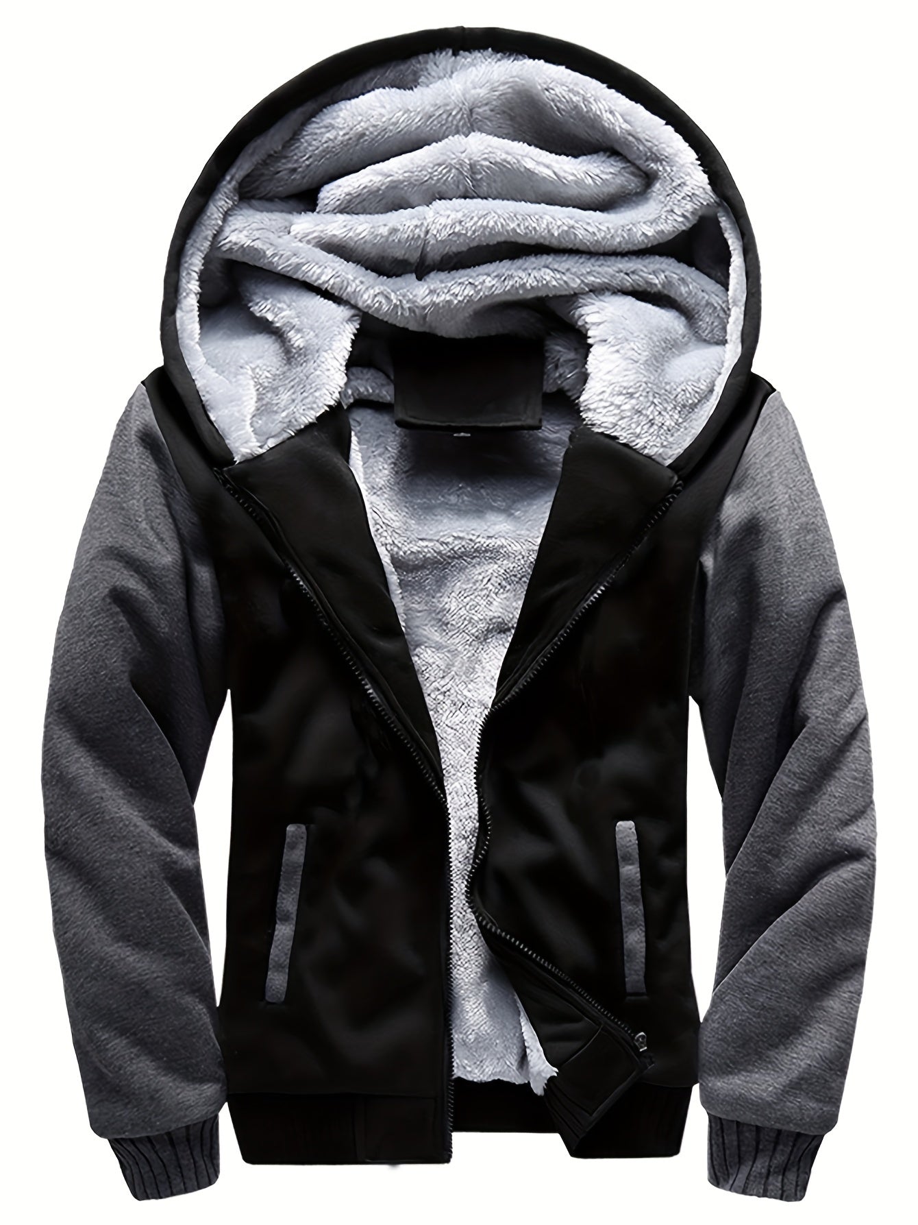 Men's Warm Fleece Hooded Jacket Coat, Warm Thick Zip Up Hoodie For Fall Winter