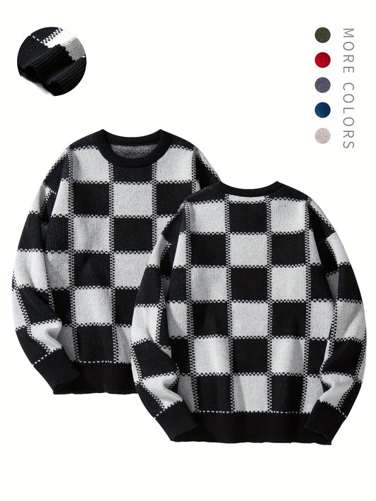 Men's Checkerboard Knitted Sweater - Warm And Stretchy Casual Pullover For Fall And Winter