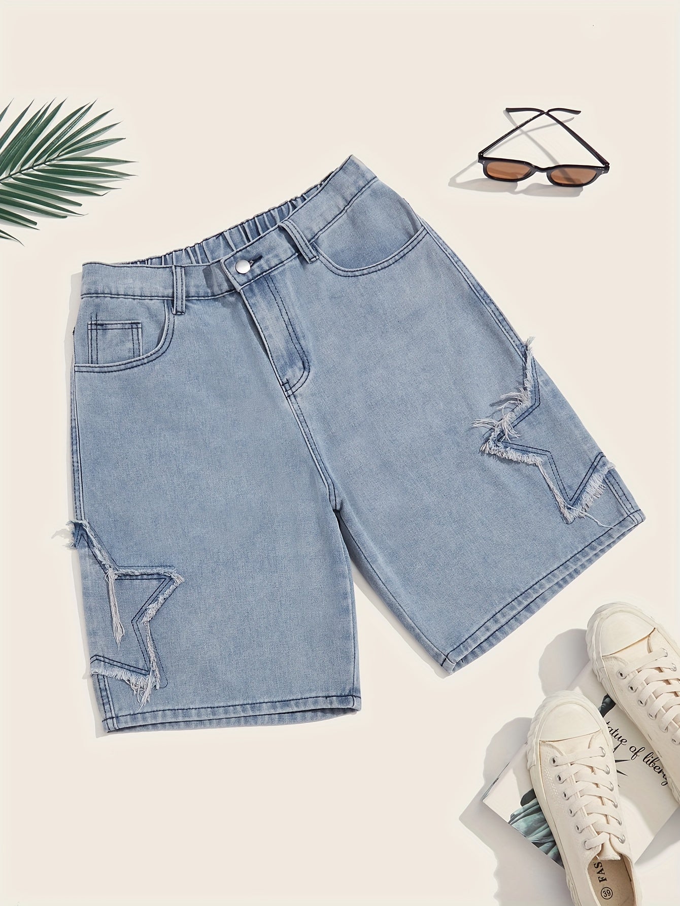 Men's Casual Loose Fit Denim Shorts, Knee-Length Jorts With Stylish Embroidered Design, Street Style Fashion