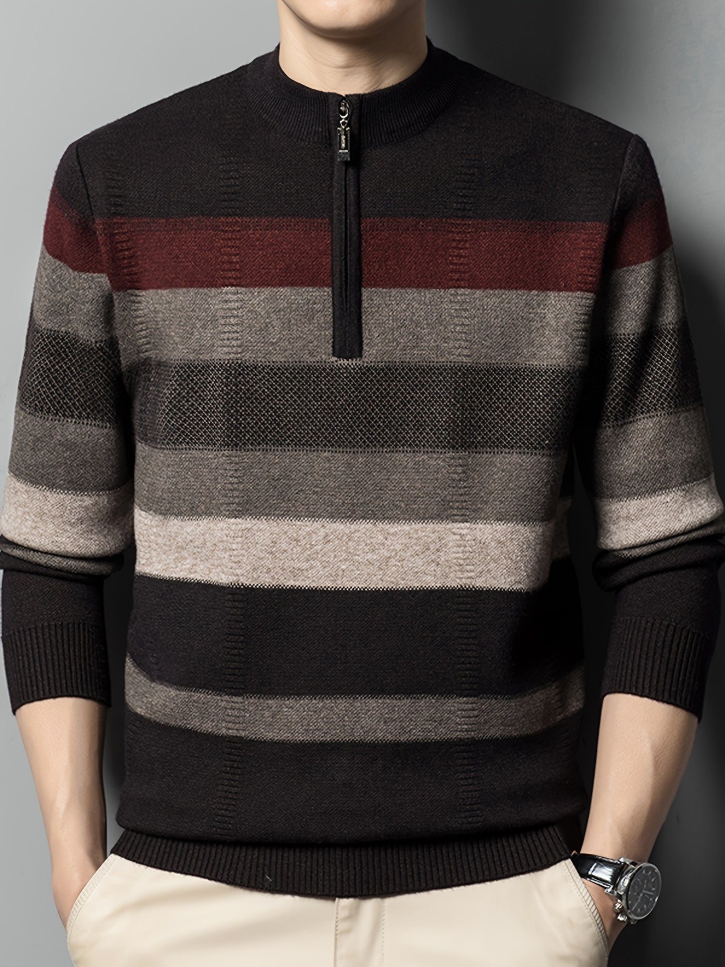 Cozy Mens Striped Knit Sweater - Fashionable Half-Zip Pullover with High Stretch - Perfect for Fall Winters Versatile Style