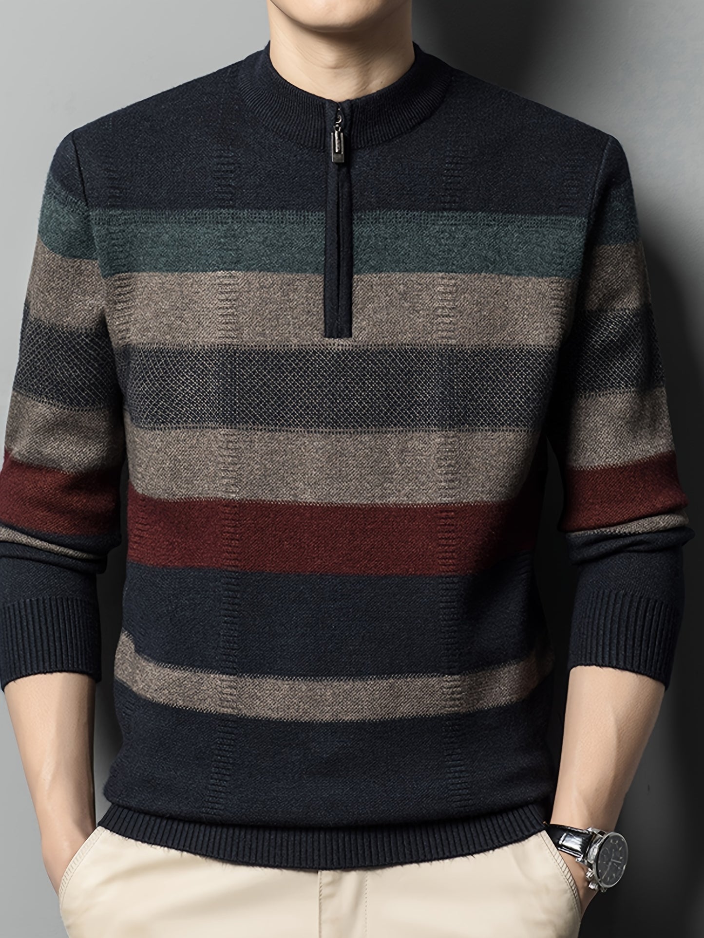 Cozy Mens Striped Knit Sweater - Fashionable Half-Zip Pullover with High Stretch - Perfect for Fall Winters Versatile Style