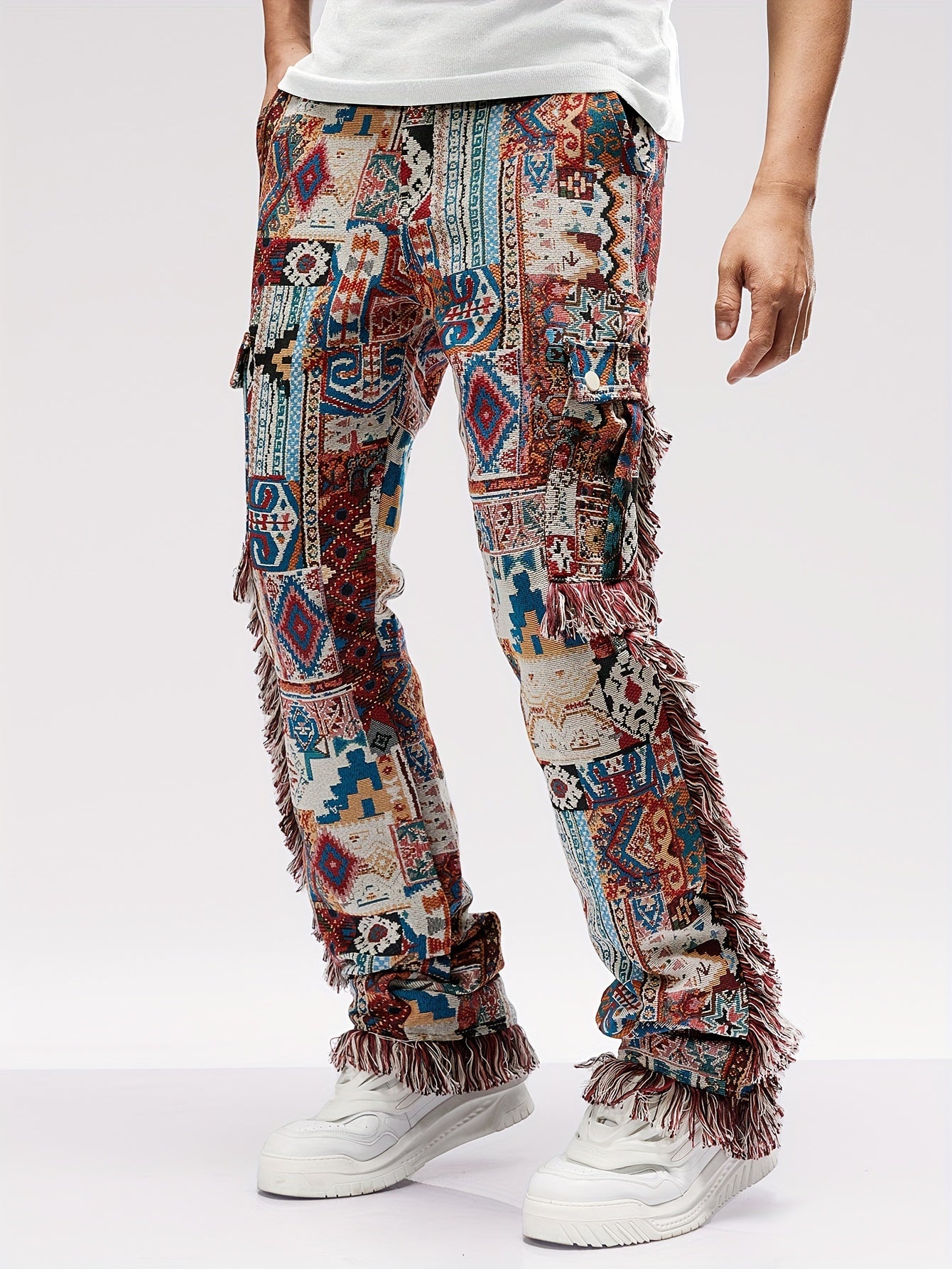 Mens Vintage Hip Hop Denim Pants - Eye-Catching Butterfly Print, Raw Hem, Loose-Fitting & Straight Leg - Perfect for Outdoor Style