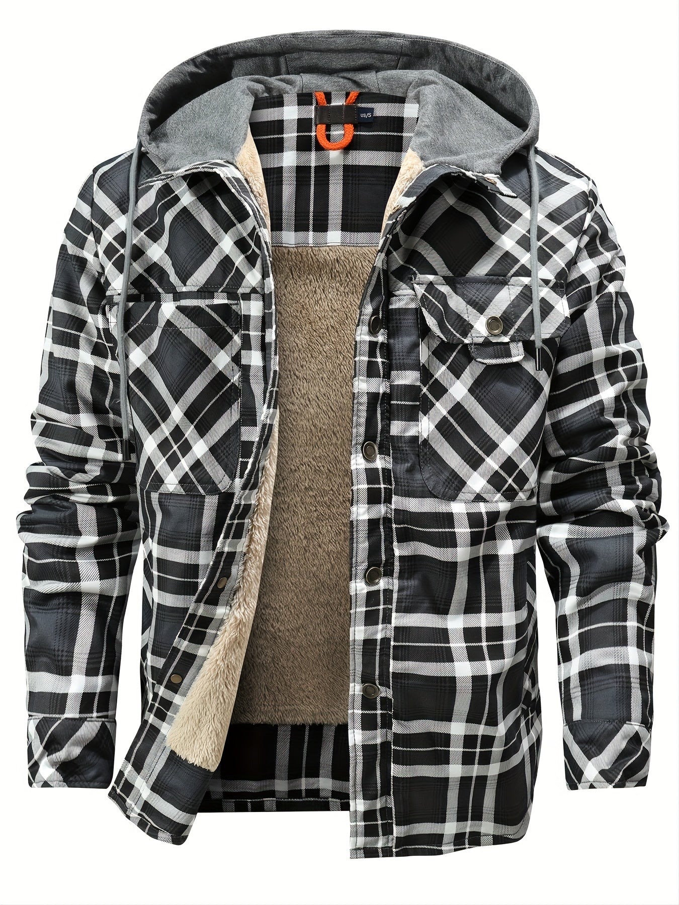 Men's Plaid Sherpa-Lined Hooded Jacket, Casual Style, Button Down Cozy Fleece Winter Coat, Warm Fashion Outerwear