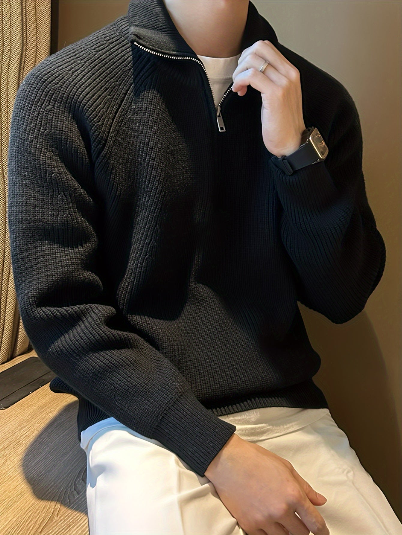 Cozy Winter Essential: Men's Solid Knitted Long Sleeve Lapel Half Zipper Sweater for Casual Fall Wear