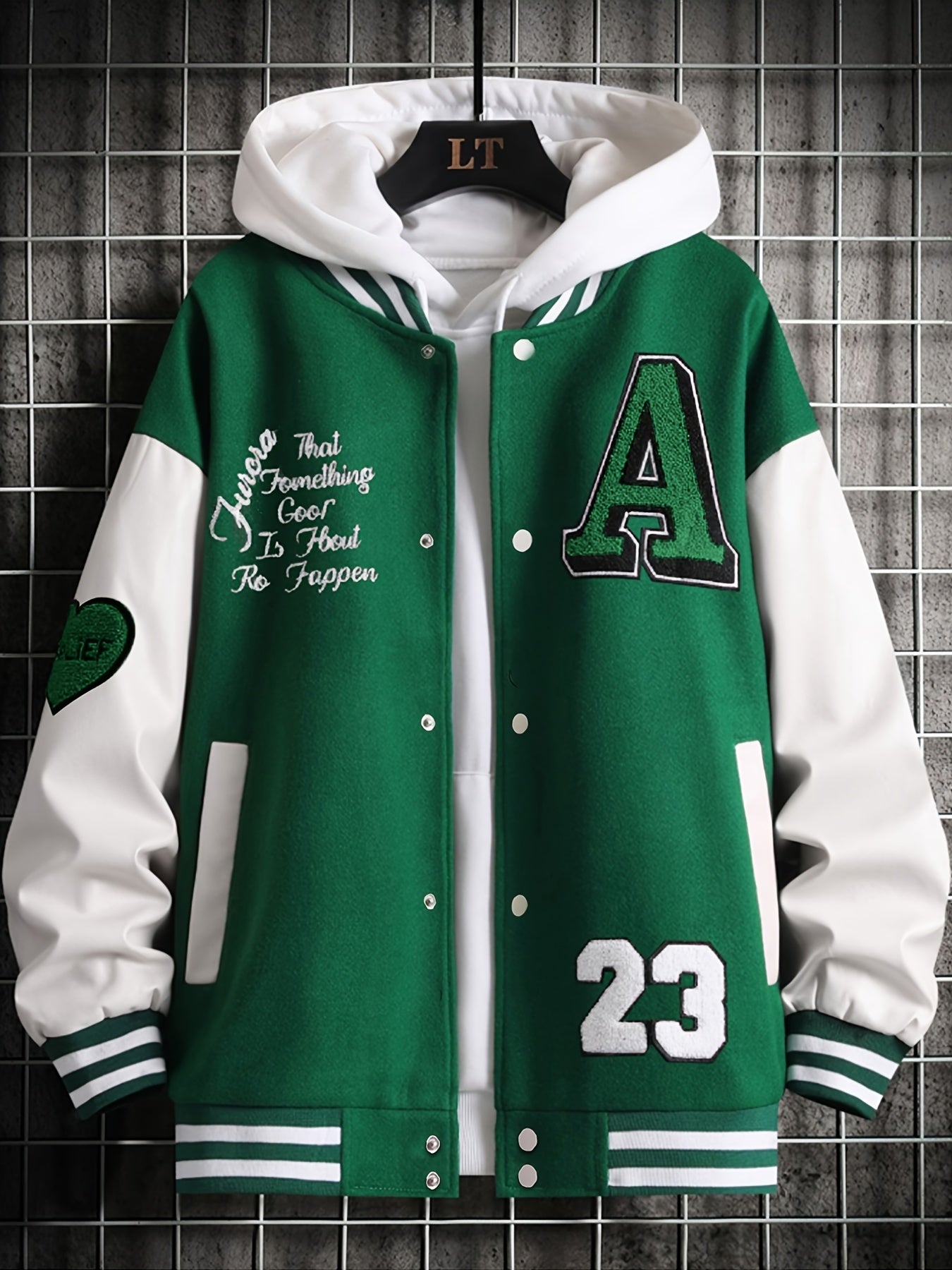 Alphabets Print Color Block Varsity Jackets, Men's Casual Baseball Collar Jacket Coat For Spring Fall