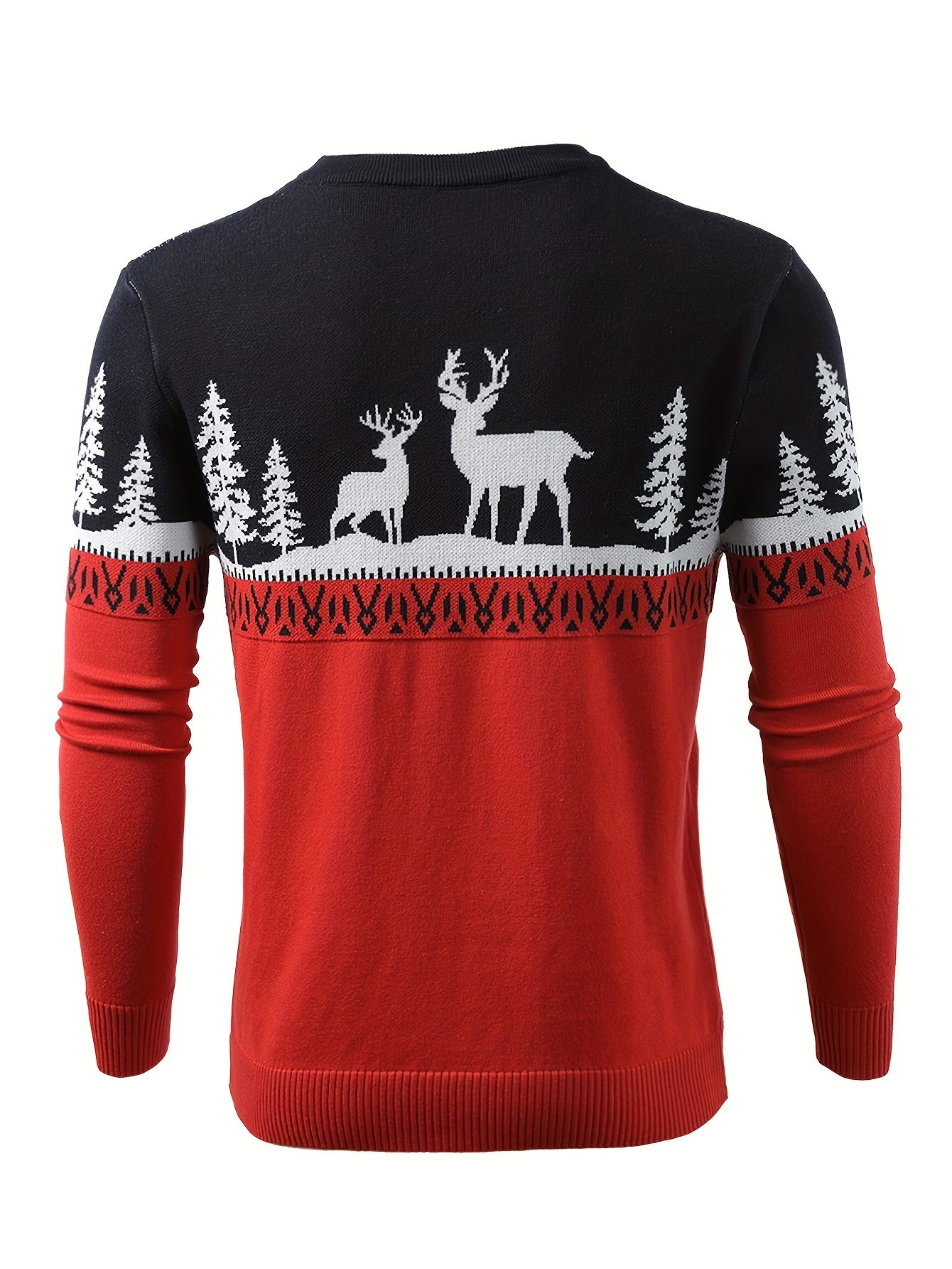 Men's Festive Christmas Reindeer Crew Neck Sweater - Cozy Polyester Blend, Perfect for Holiday Parties & Gifts