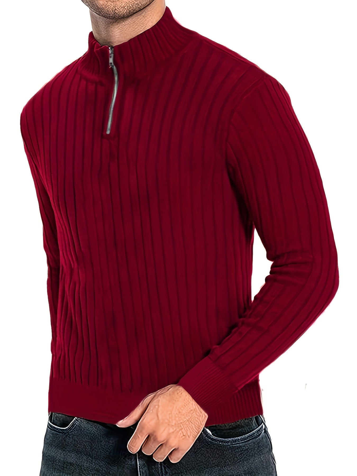 Men's Stand Collar Solid Knit Sweater, Men's Casual Lapel Slightly Stretch V-Neck Pullover Sweater For Men Winter Fall