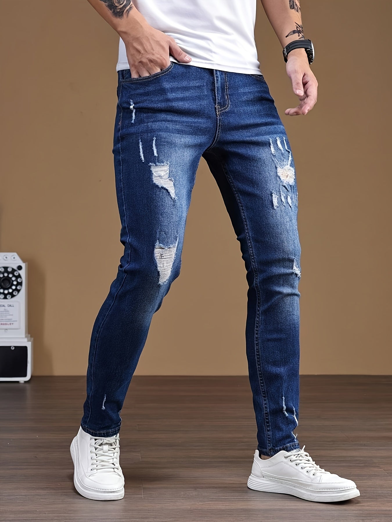 FORUWISH  -  Slim Fit Men's Fashion Ripped Jeans, Casual Distressed Denim Pants with Pockets for Trendy Streetwear