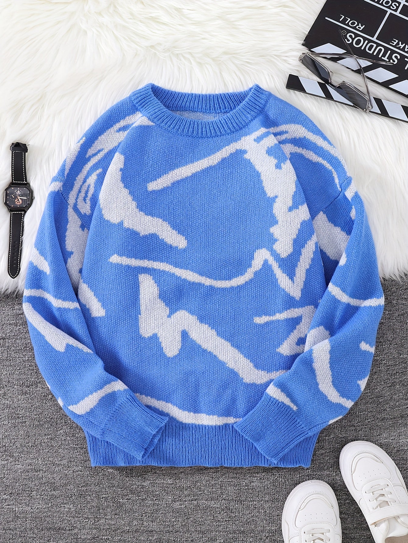 Chic Design Men's Graffiti Style Graphic Pattern Crew Neck Long Sleeve Knit Sweater, Casual And Trendy Tops For Spring And Autumn Daily Wear