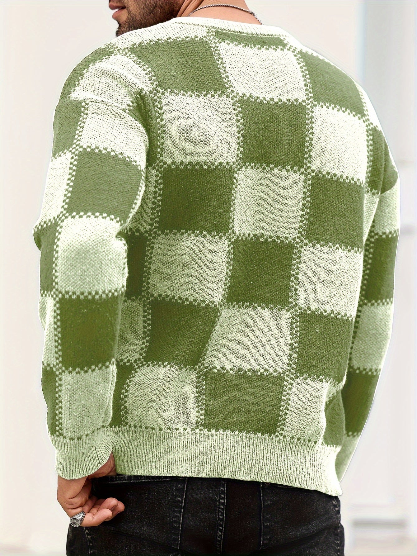 Men's Color Blocking Textured Checked Print Casual Trendy Sweater, Long Sleeve Pullover As Gift For Fall And Winter