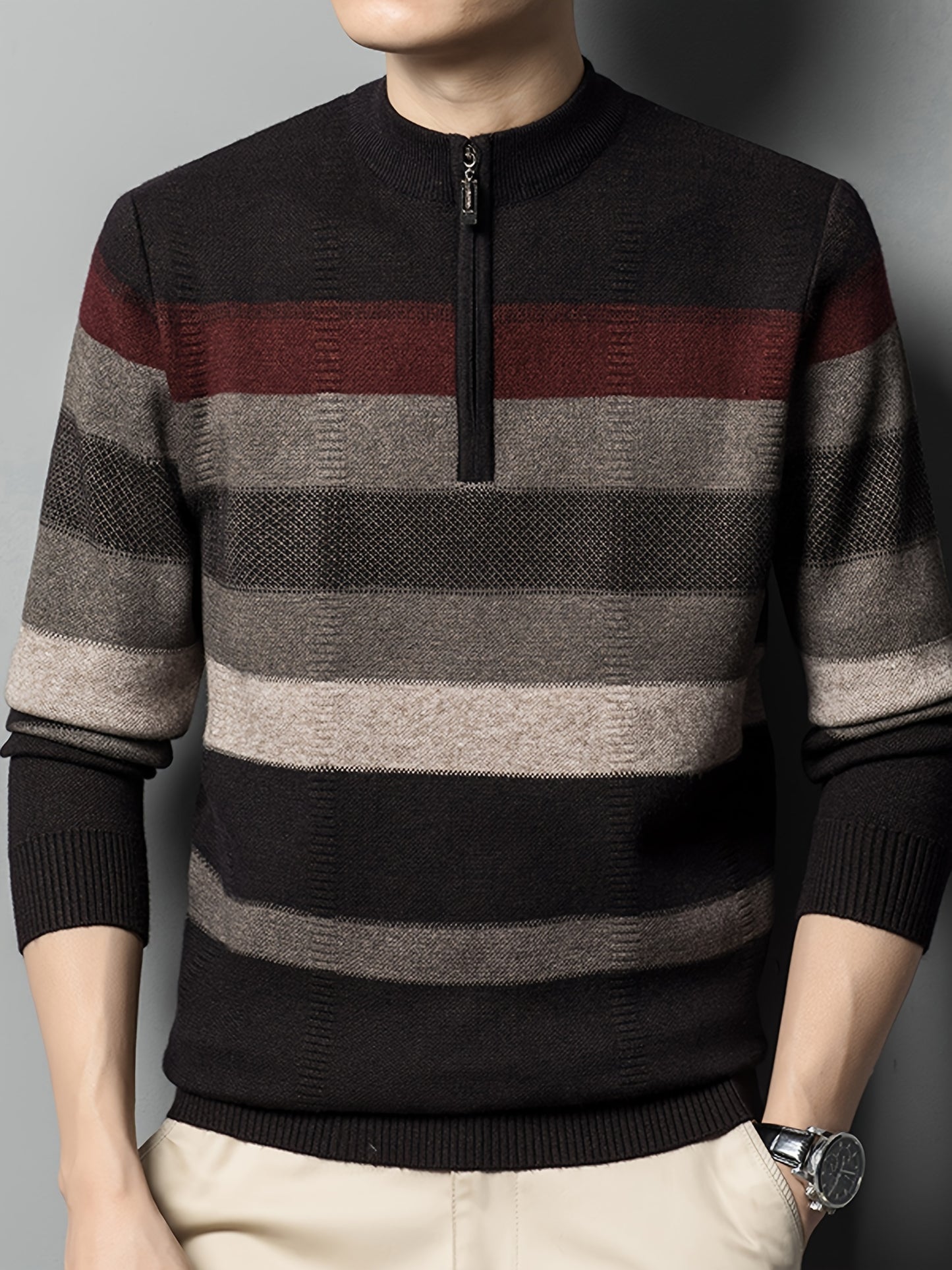 Cozy Mens Striped Knit Sweater - Fashionable Half-Zip Pullover with High Stretch - Perfect for Fall Winters Versatile Style