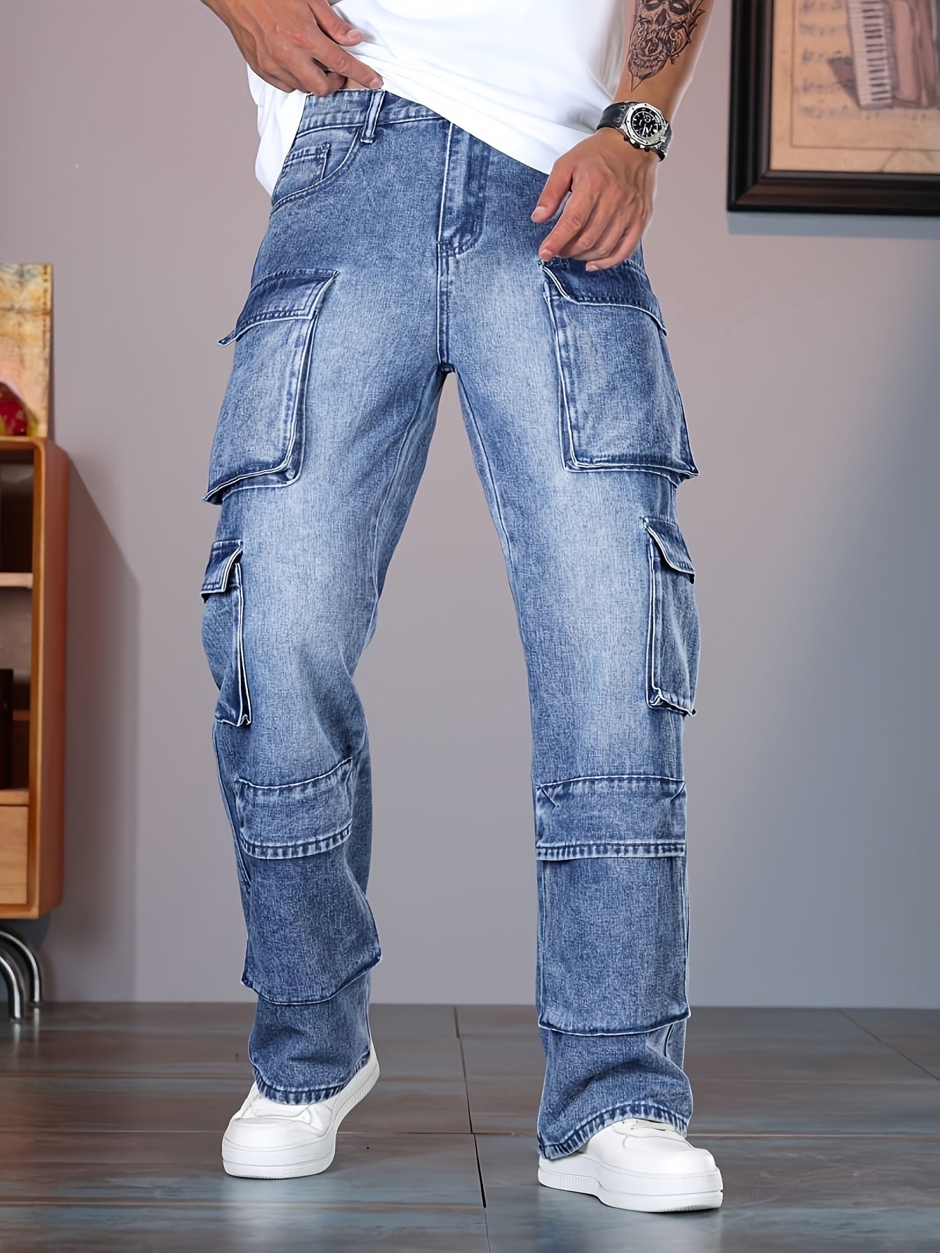 Men's Loose Fit Wide Leg Cargo Jeans, Men's Stylish Comfy Denim Pants With Pockets, Street Style Fashion