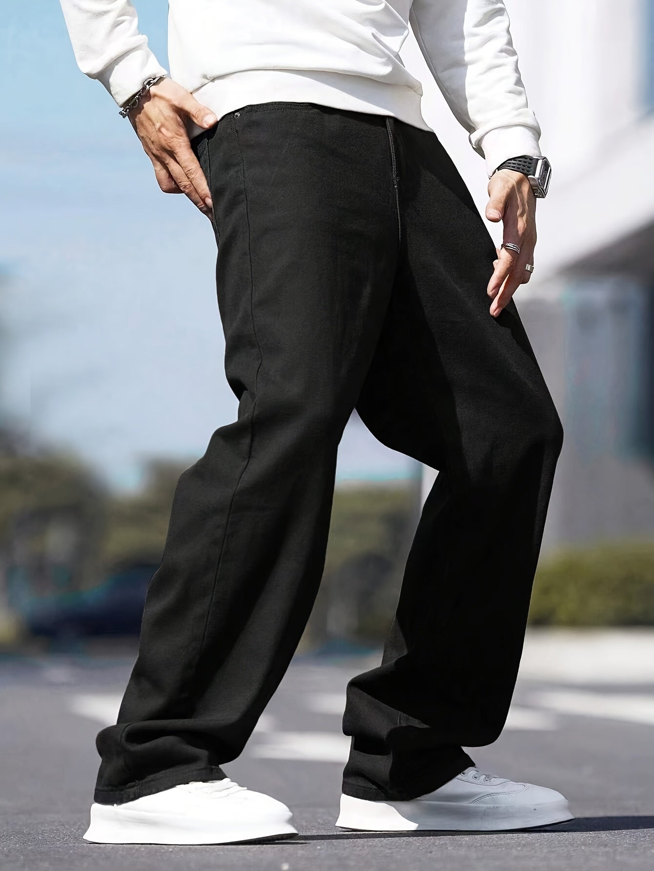 Men's Casual Loose Fit Pants, Men's Wide Leg Denim Jeans, Classic Design For Daily Wear