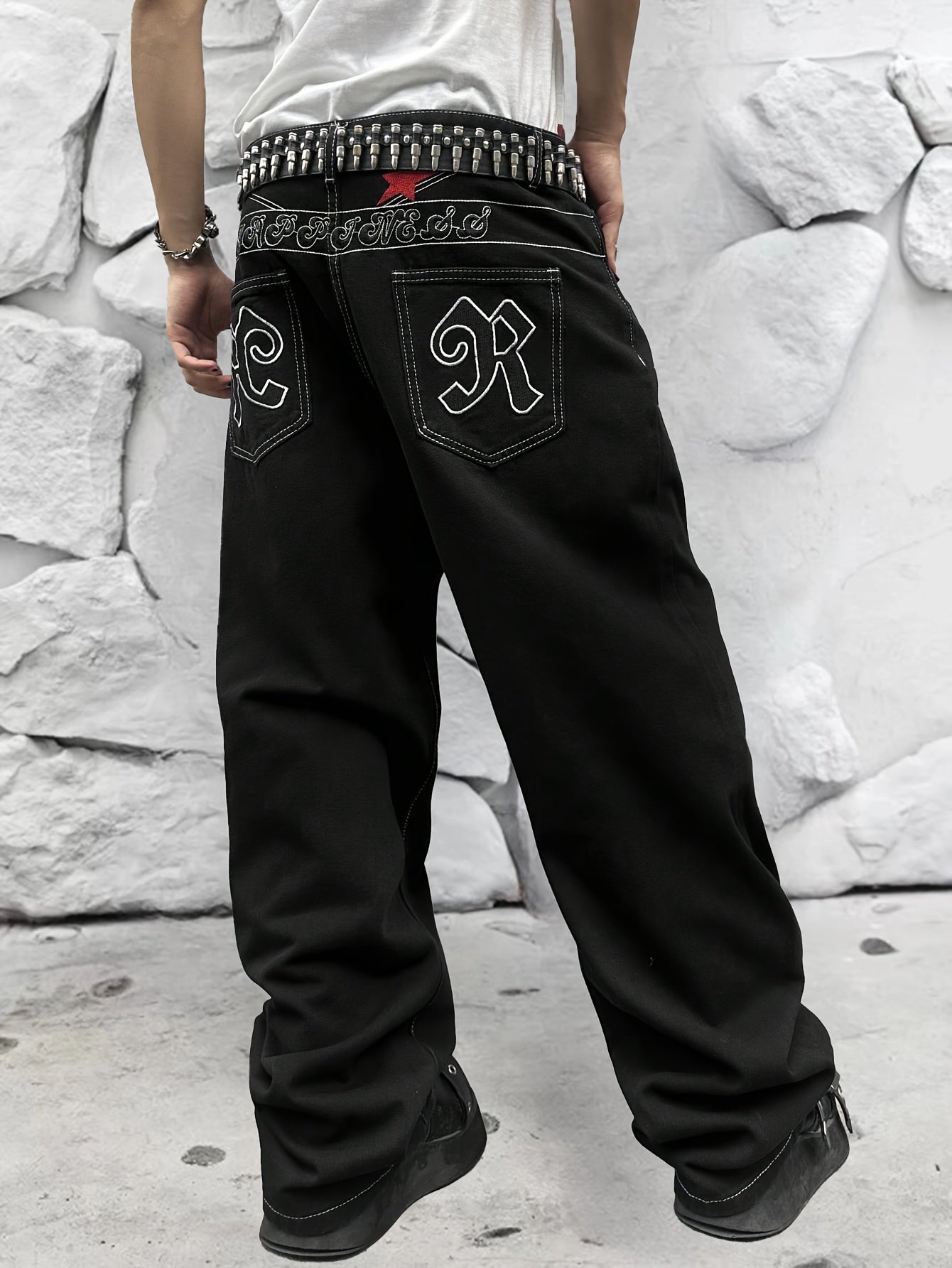 Men's Comfy Wide Leg Embroidered Jeans - Soft Stretchy Denim, Relaxed Fit, Stylish Street Fashion, Comfortable Daily Wear, Fashionable Embroidery Design