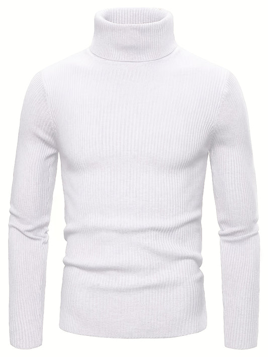 Turtle Neck Knitted Slim Fit Sweater, Men's Casual Warm Solid High Stretch Pullover Sweater For Fall Winter