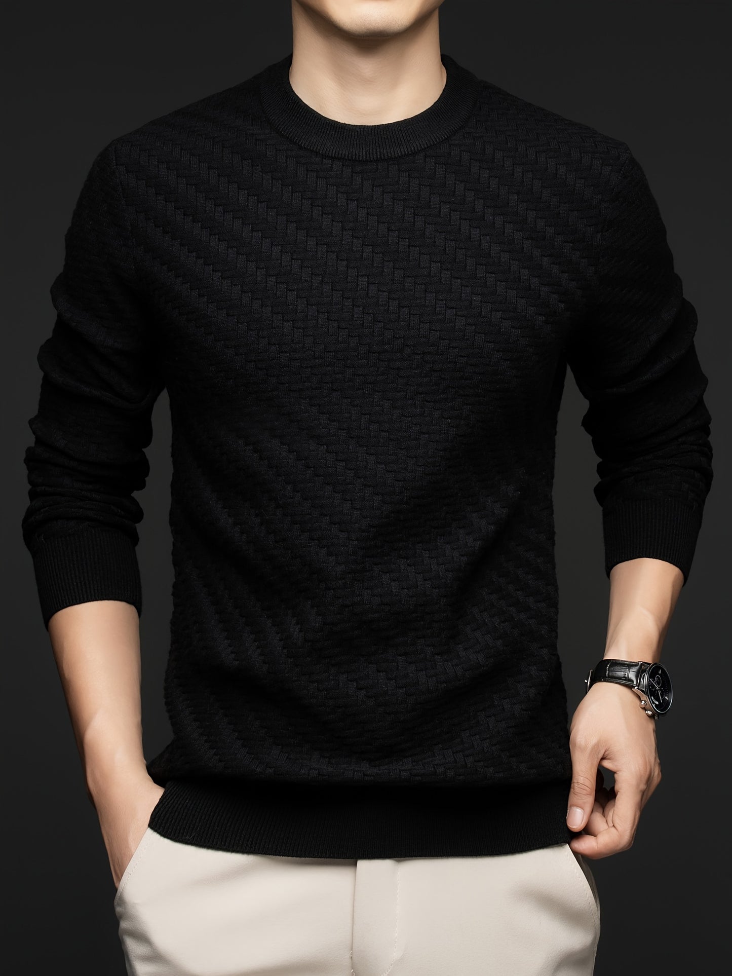 Cozy Solid Striped Knitted Crew Neck Pullover - Men's Long Sleeve Casual Sweater for Fall Winter - Soft, Warm, and Versatile