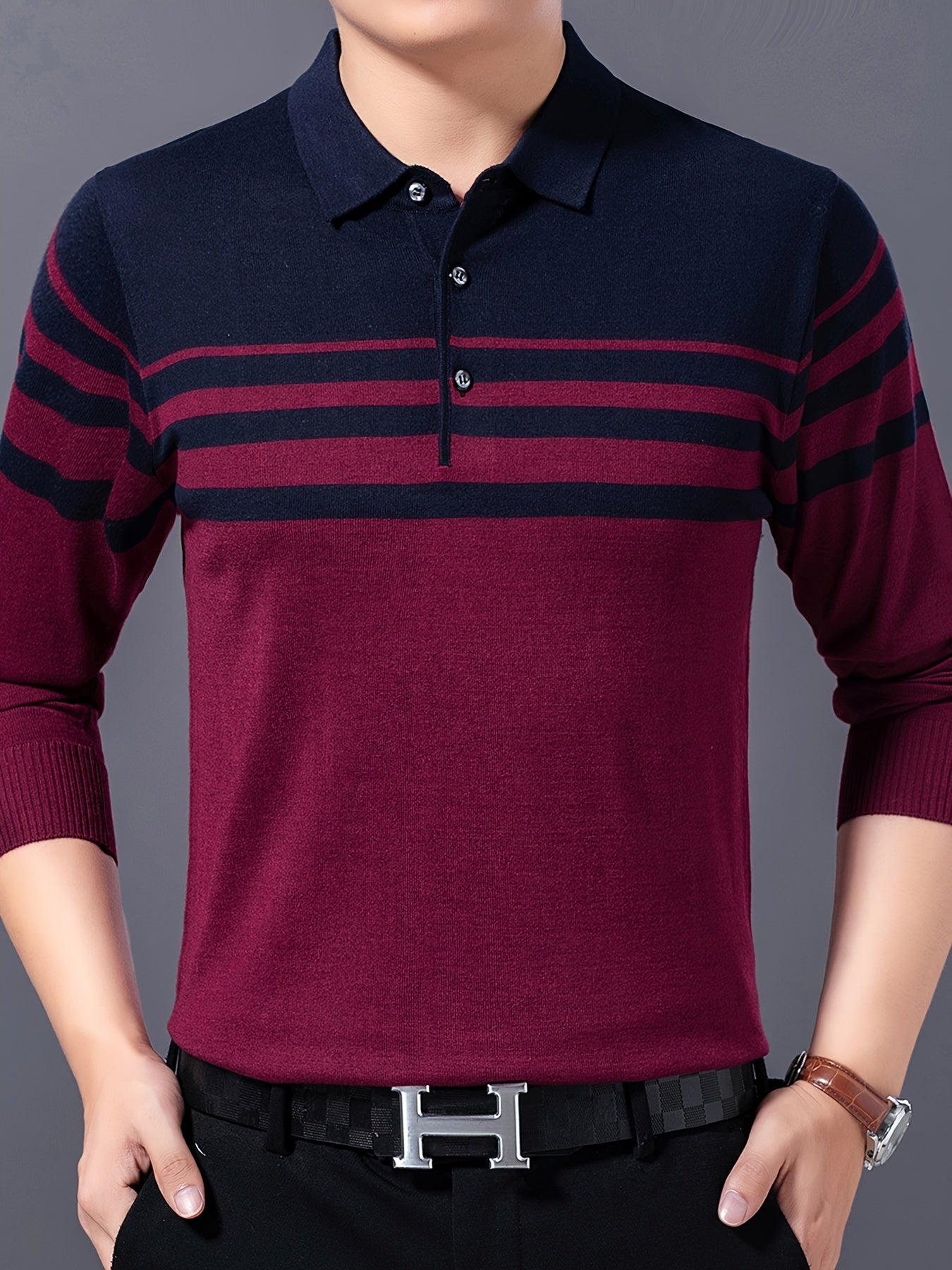 Men's Stylish Striped Sweater, Casual Mid Stretch Breathable Long Sleeve Shirt Top For City Walk Street Hanging