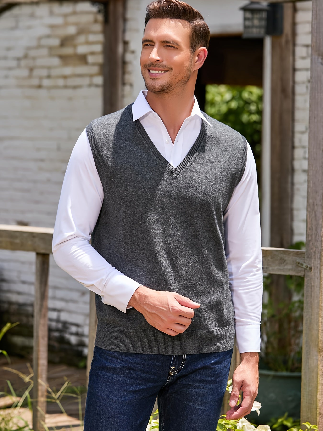 Classic Design Men's Solid Knit V-neck Sleeveless Sweater Vest, Chic And Trendy For Spring And Autumn Daily Leisurewear