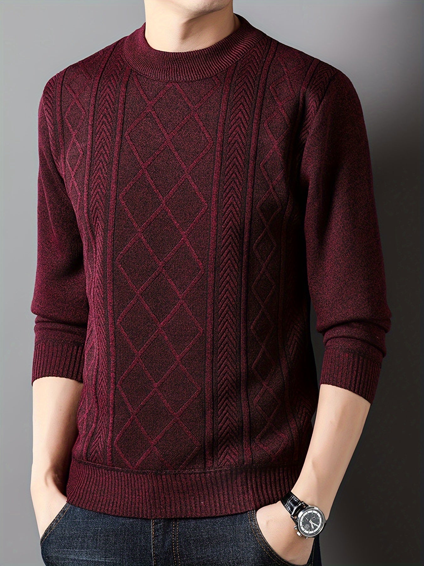 Men's Solid Knitted Pullover, Casual Long Sleeve Crew Neck Cable Knit Sweater For Fall Winter