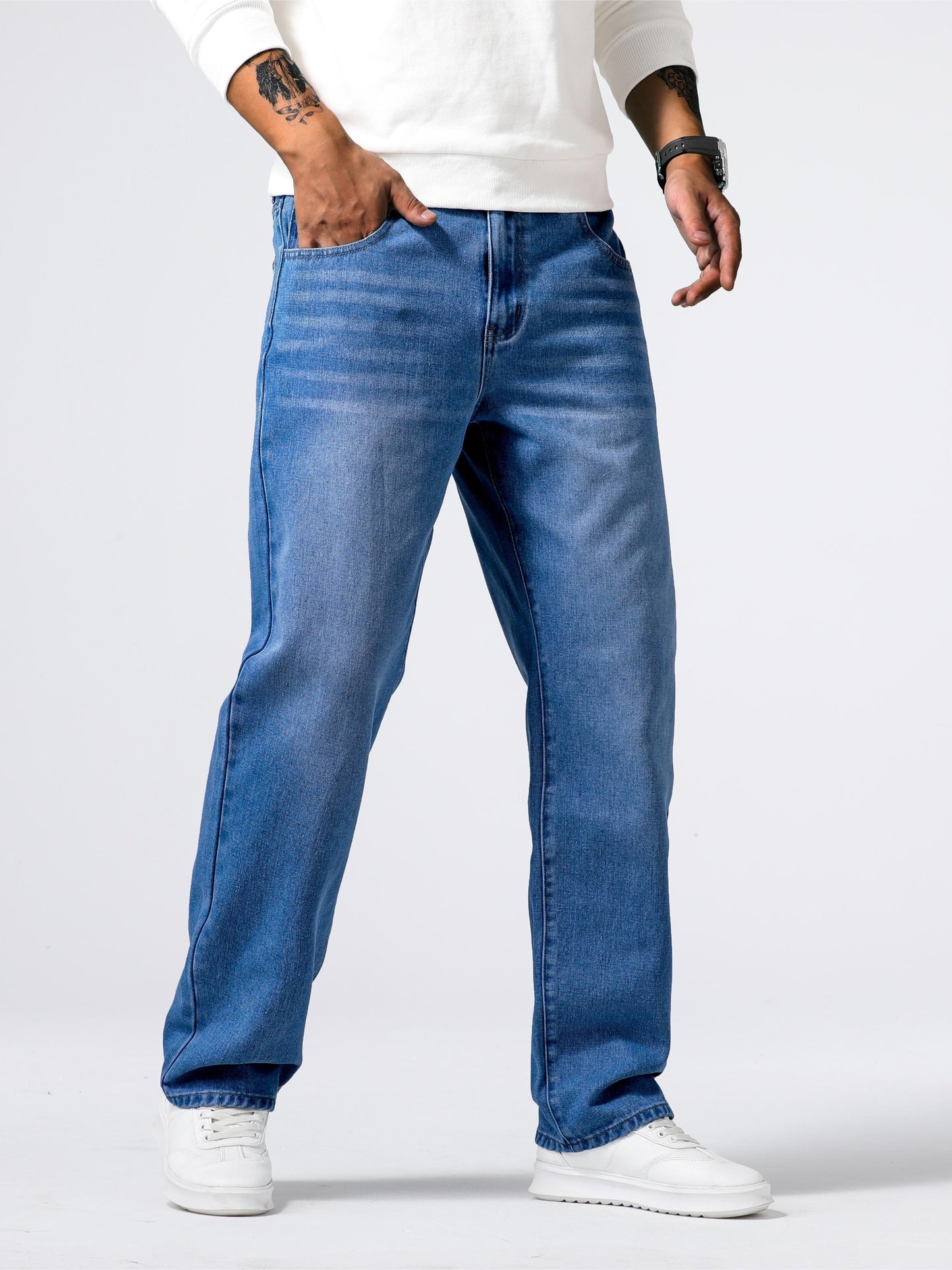 Men's Classic Design Loose Fit Distressed Jeans, Casual Street Style Denim Pants For The Four Seasons